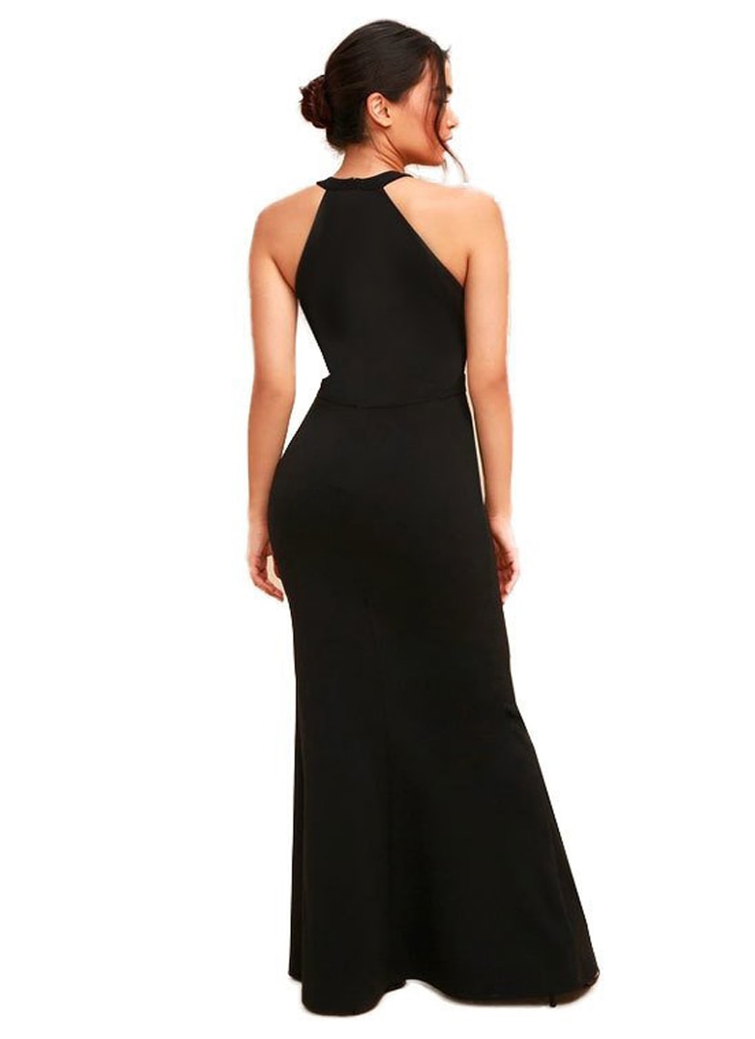 Vestido Longo de Festa com Fenda e Decote com Renda Preto
