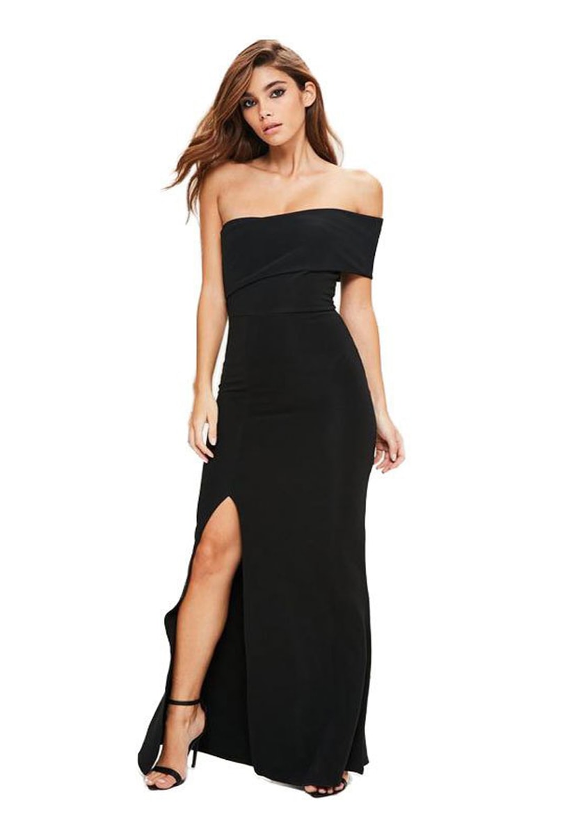 Vestido Longo de Festa De Formatura Ombro Único com Fenda Feminino Preto