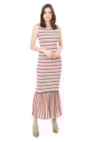 Vestido longo De Festa Pink Tricot Canelado Listrado Babado na Barra Rosa Claro/Marinho