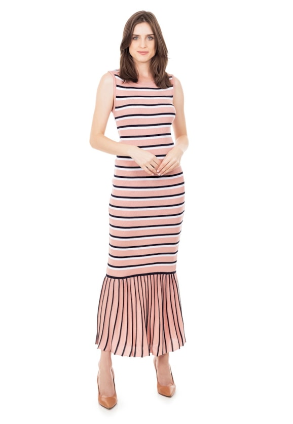 Vestido longo De Festa Pink Tricot Canelado Listrado Babado na Barra Rosa Claro/Marinho