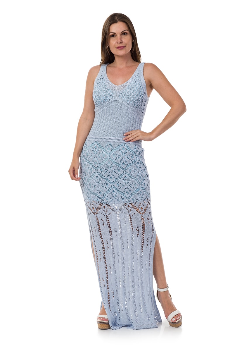 Vestido Longo De Festa Pink Tricot Com Decote nas Costas Correntes De Tricot Feminino Azul Claro