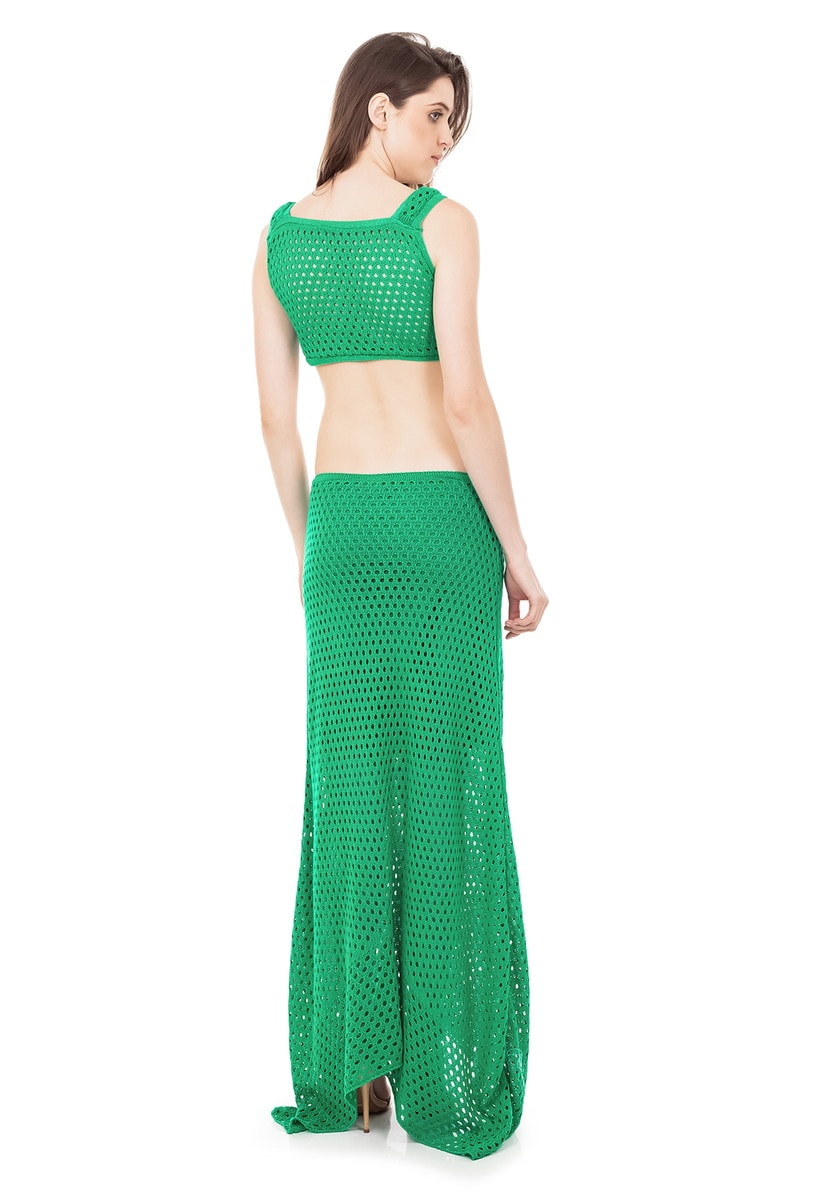 Vestido Longo De Festa Pink Tricot com Detalhe em Argola e Decote na Cintura Verde