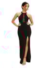Vestido Longo de Festa Pink Tricot com Fenda e Decote com Renda Preto