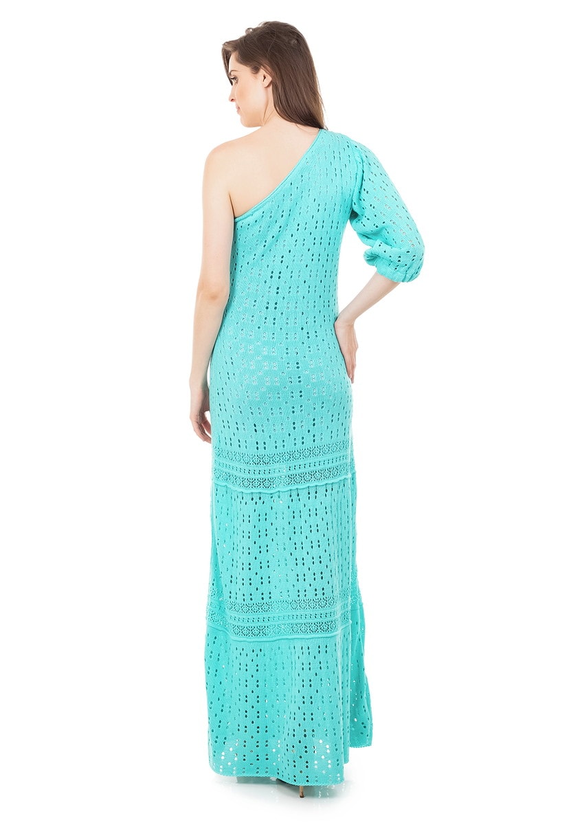 Vestido Longo De Festa Pink Tricot Com Renda Rodado Ombro Único e Manga Bufante Verde