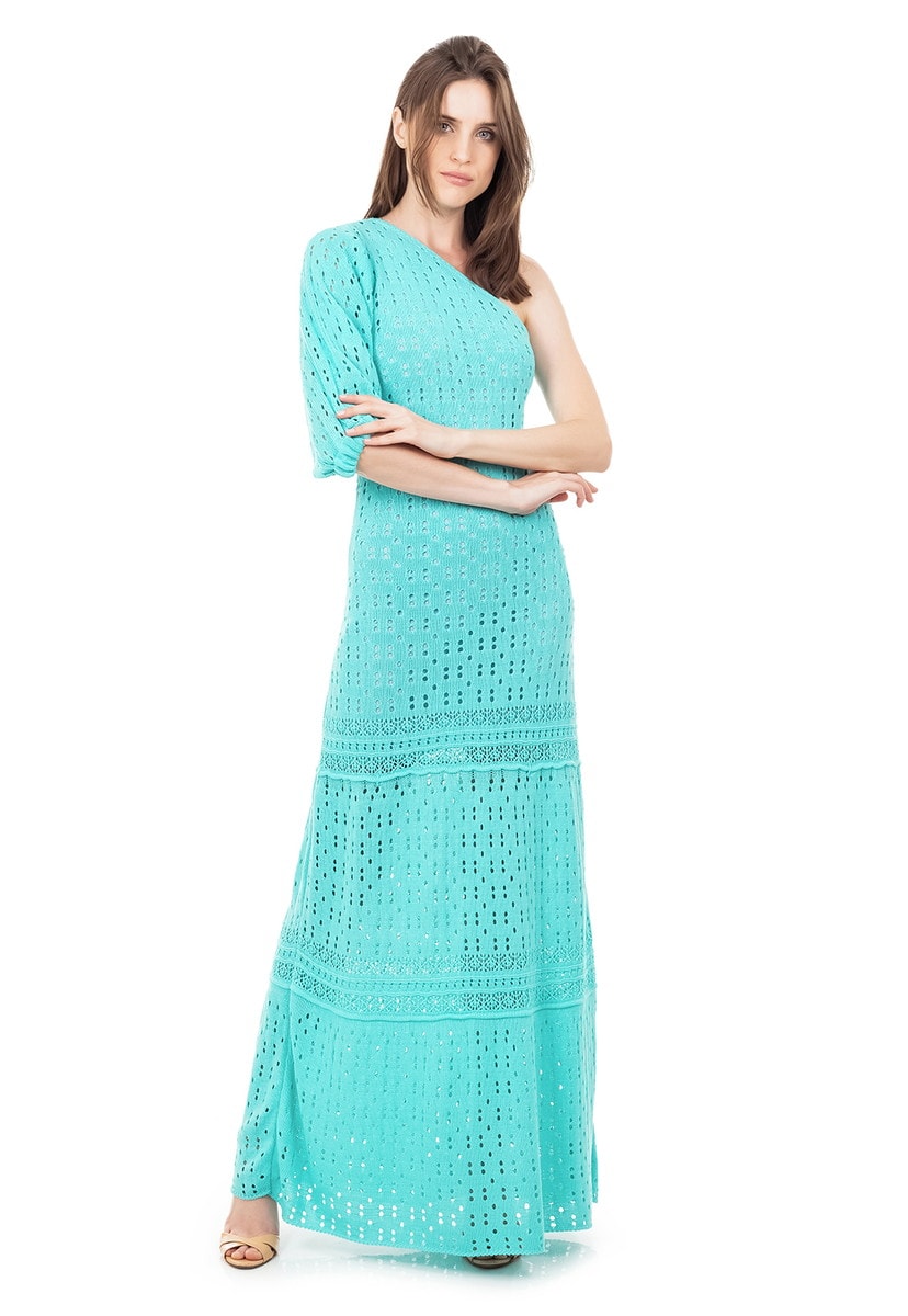 Vestido Longo De Festa Pink Tricot Com Renda Rodado Ombro Único e Manga Bufante Verde
