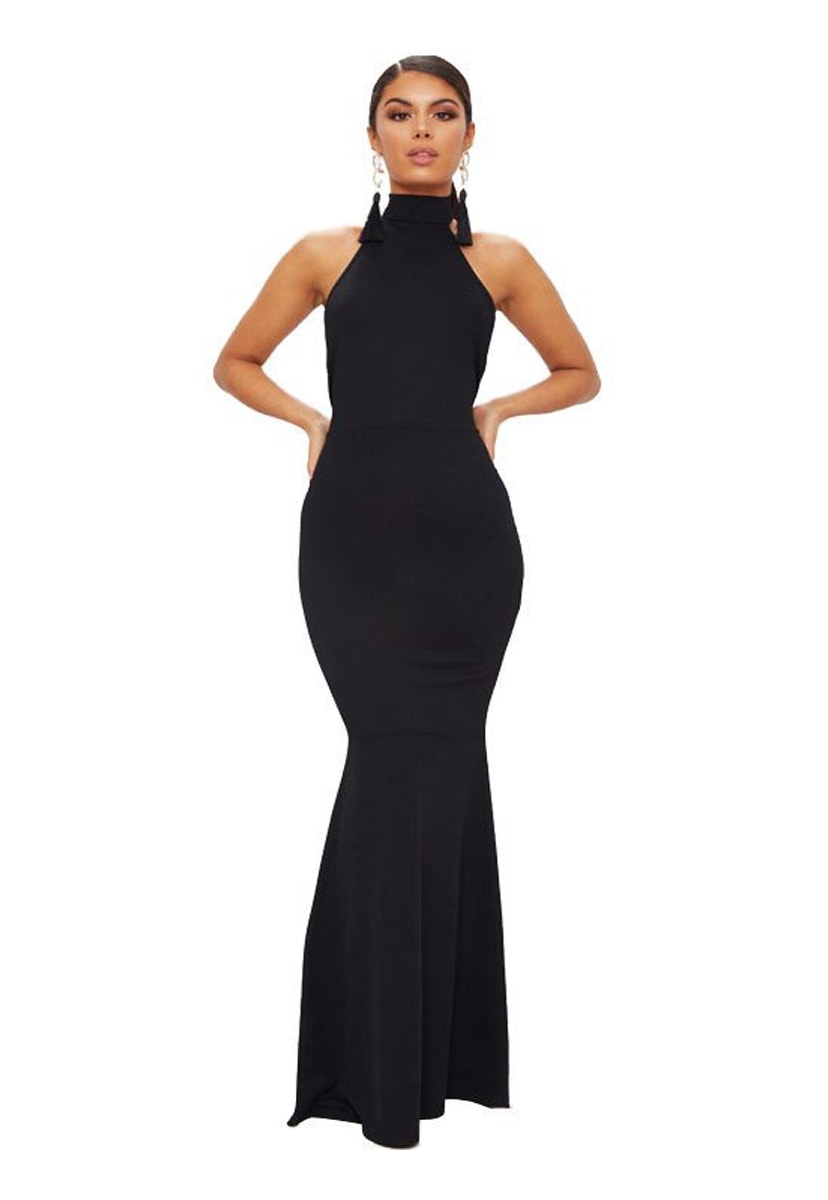 Vestido Longo De Festa Pink Tricot Gola Alta Frente Única Feminino Preto