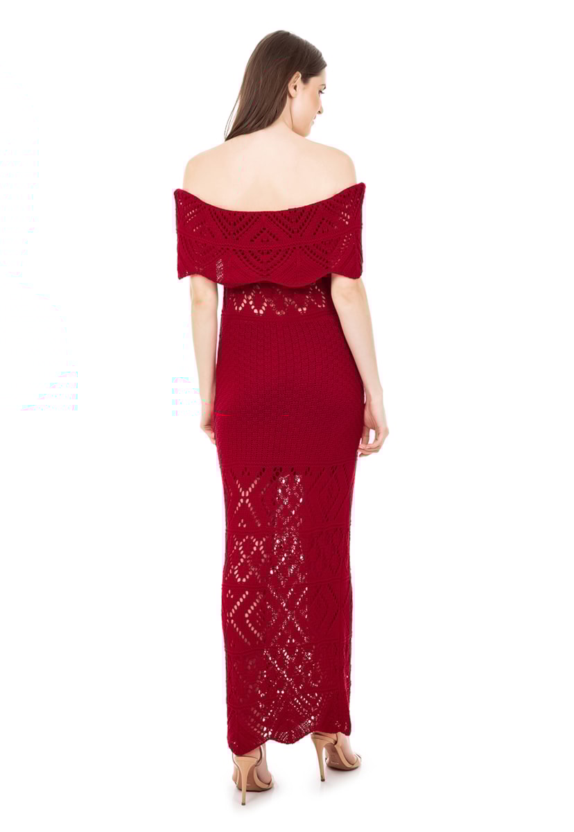 Vestido Longo de Festa Pink Tricot Renda Ombro a Ombro Pala Feminino Vermelho