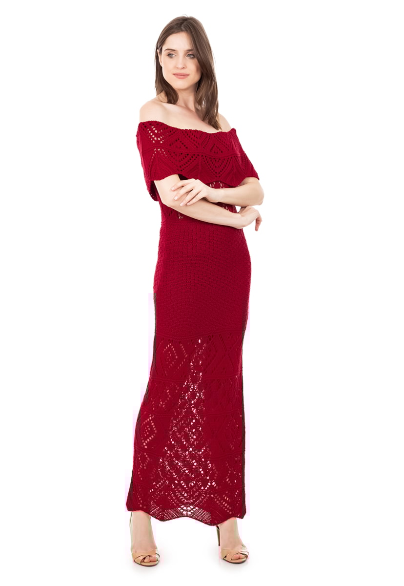 Vestido Longo de Festa Pink Tricot Renda Ombro a Ombro Pala Feminino Vermelho
