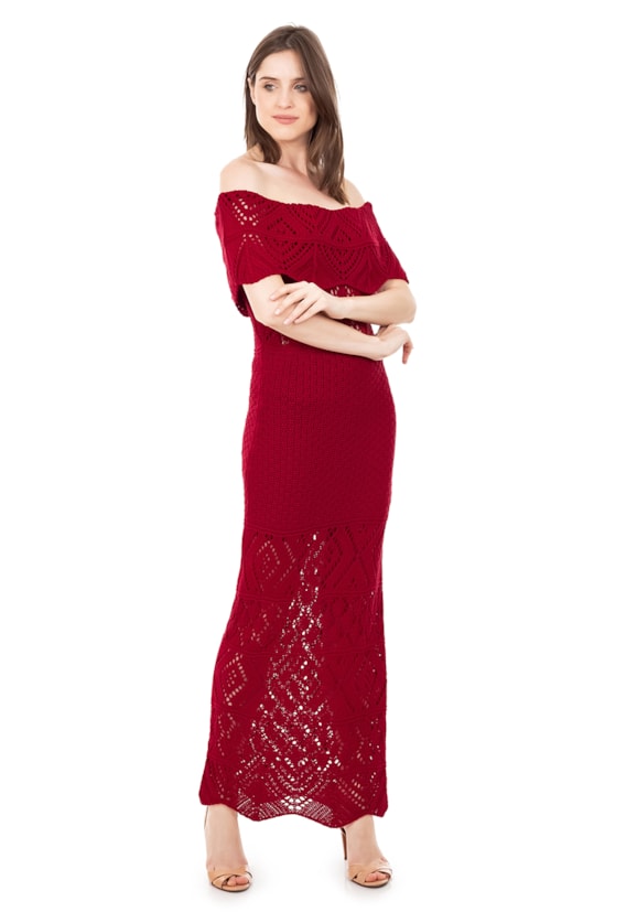 Vestido Longo de Festa Pink Tricot Renda Ombro a Ombro Pala Feminino Vermelho