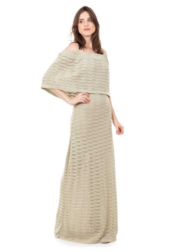 Vestido Longo de Festa Pink Tricot Renda Pala Ombro a Ombro Feminino Bege