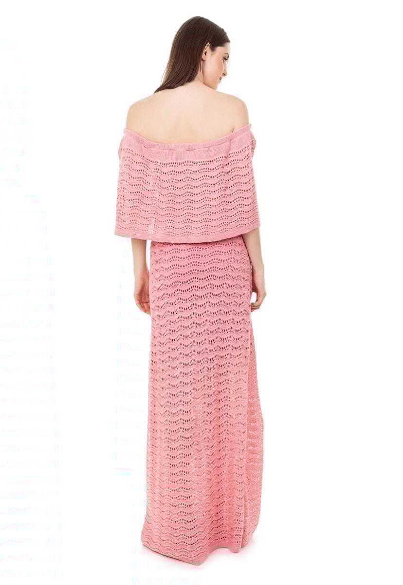 Vestido Longo de Festa Pink Tricot Renda Pala Ombro a Ombro Feminino Rosa Claro