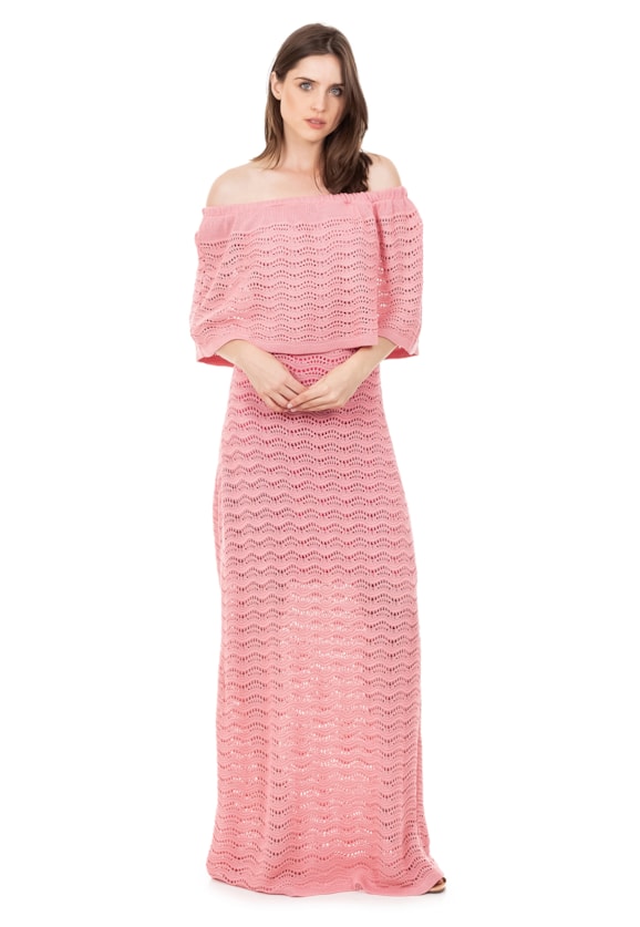 Vestido Longo de Festa Pink Tricot Renda Pala Ombro a Ombro Feminino Rosa Claro