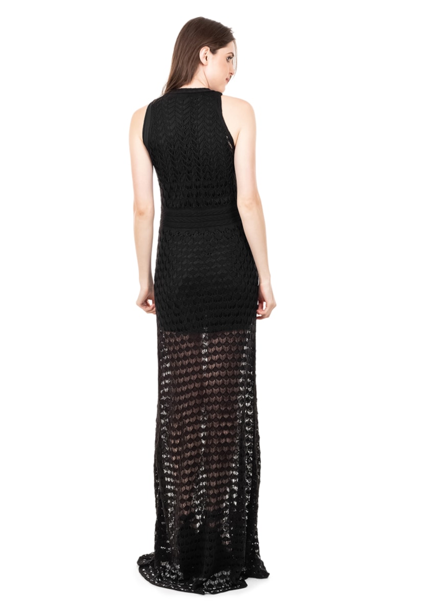 Vestido Longo de Festa Pink Tricot Renda Rodado Feminino Preto