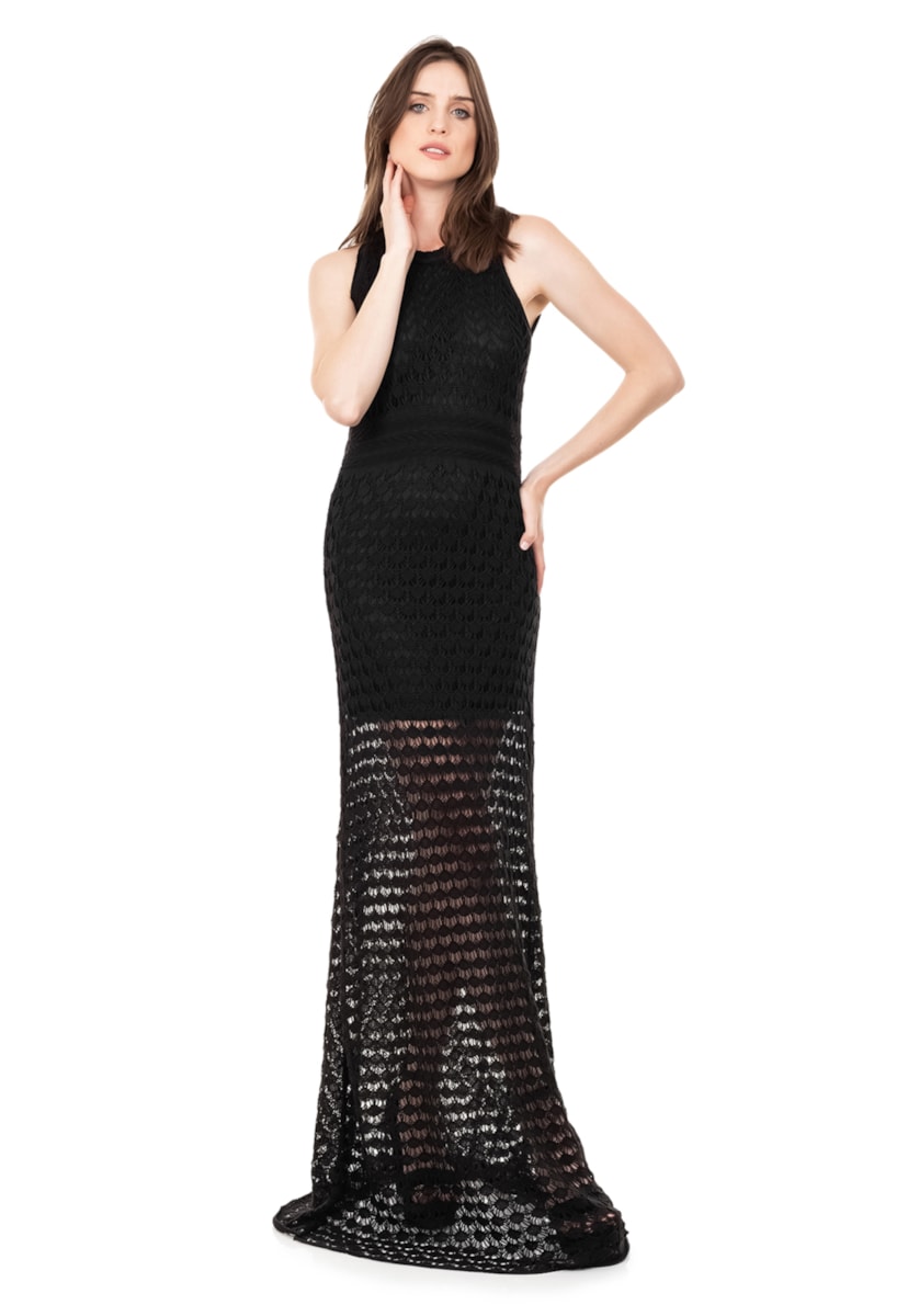 Vestido Longo de Festa Pink Tricot Renda Rodado Feminino Preto