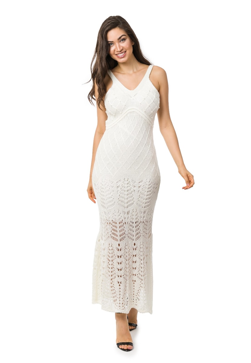 Vestido Longo de Festa Pink Tricot Rendado com Pérolas Feminino Off White