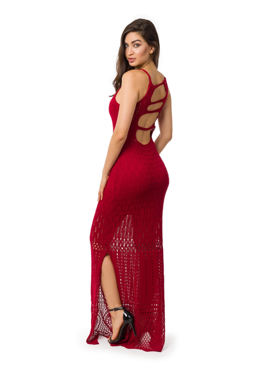 Vestido Longo de Tricô Pink Tricot com Fenda Feminino Vermelho