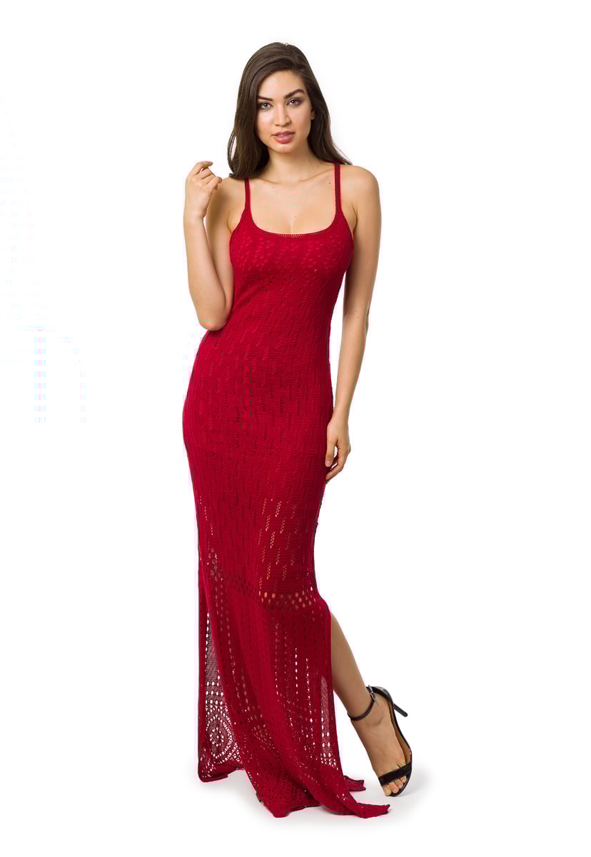 Vestido Longo de Tricô Pink Tricot Para Festa De Formatura com Fenda Feminino Vermelho