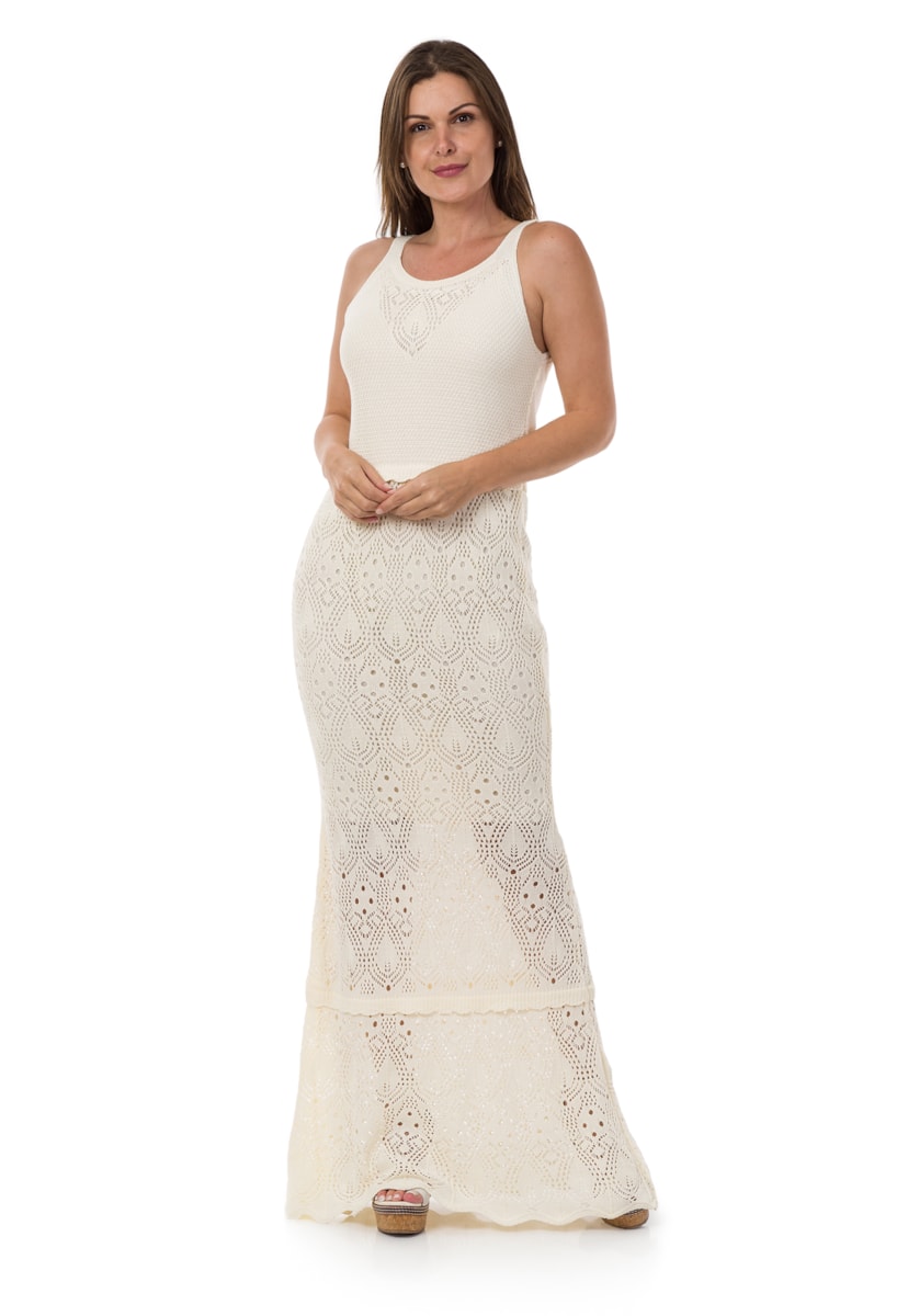 Vestido Longo de Tricô Pink Tricot Sereia Feminino Off White