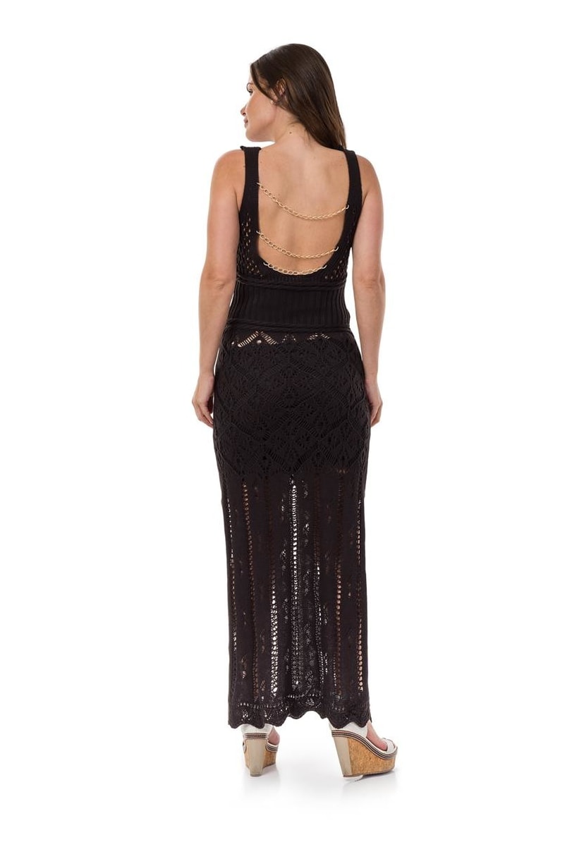 Vestido Longo de Tricot Decote nas Costas Correntes Feminino Preto