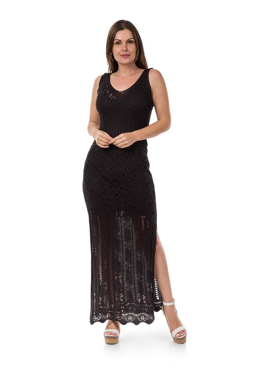 Vestido Longo de Tricot Decote nas Costas Correntes Feminino Preto
