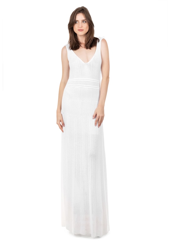 Vestido Longo de Tricot Decote V Rodado Feminino Branco