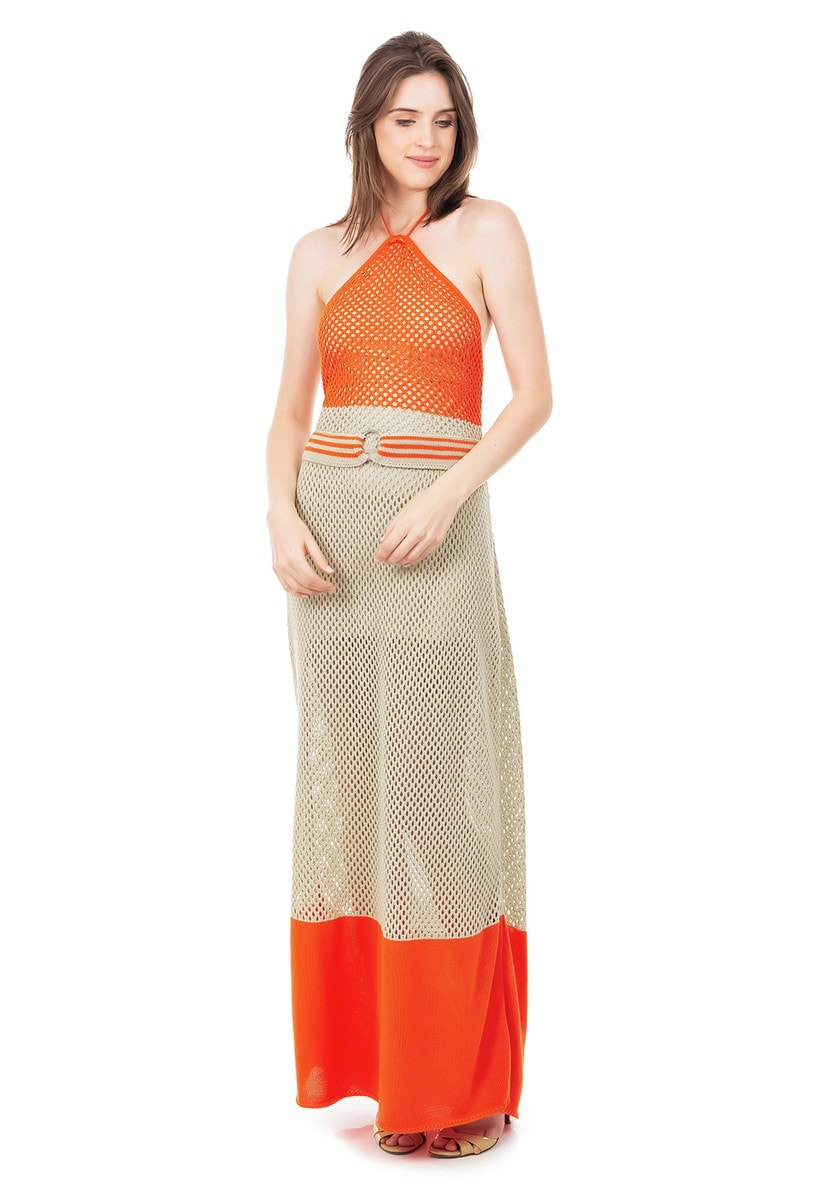 Vestido Longo de Tricot Listrado Frente Única com Cinto Feminino Coral com Bege