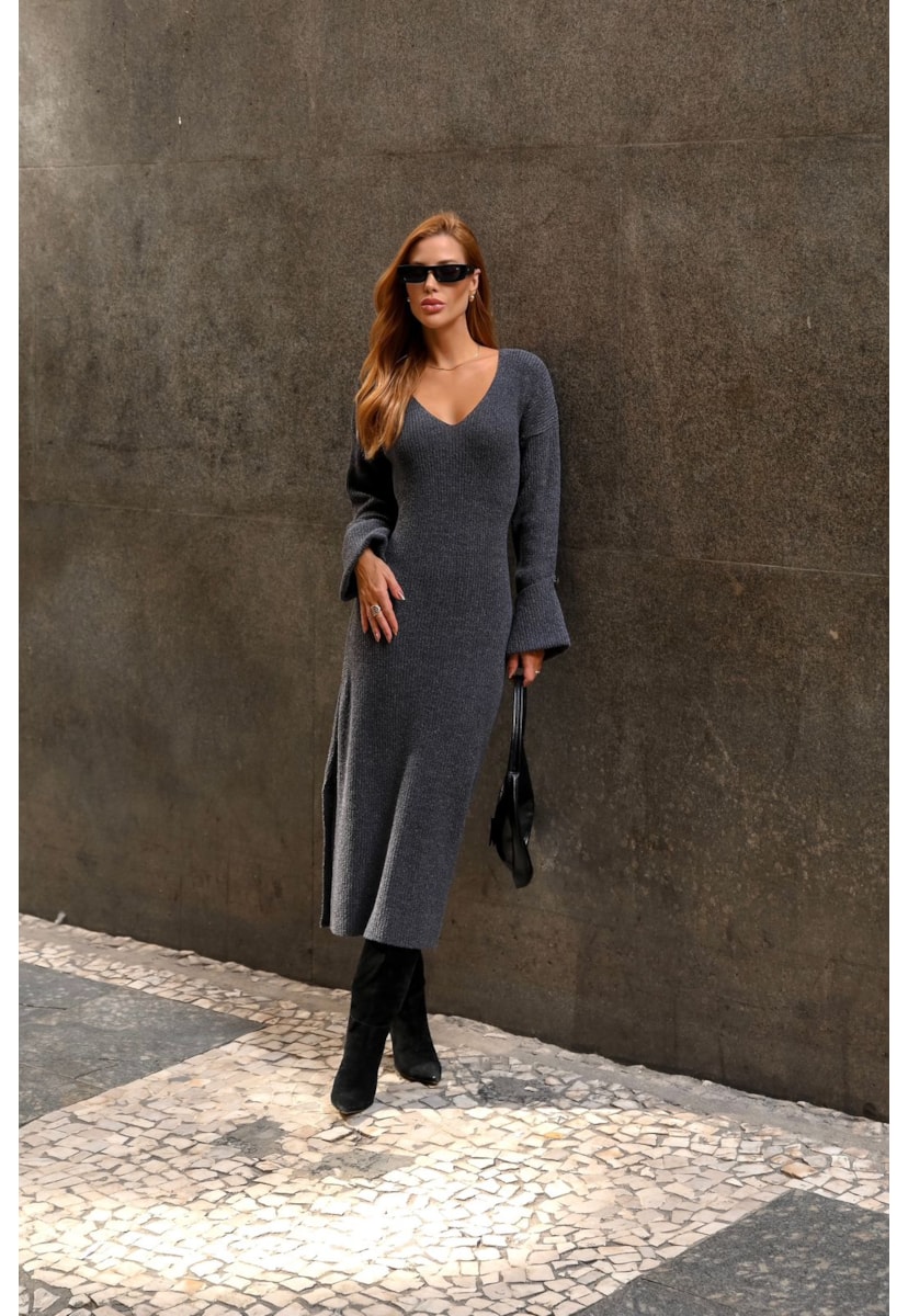Vestido Longo de Tricot Mousse Canelado Manga Longa Grafite