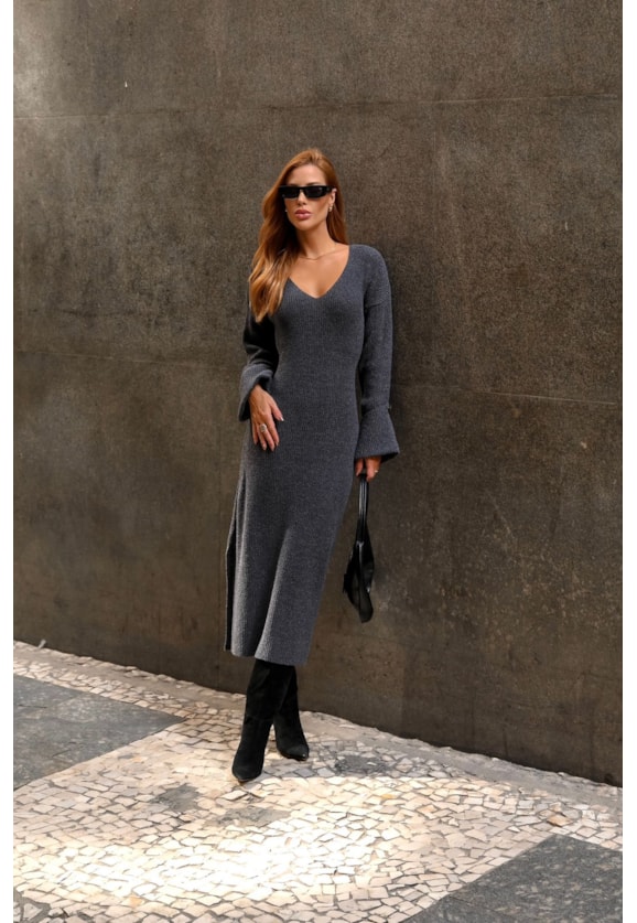 Vestido Longo de Tricot Mousse Canelado Manga Longa Grafite