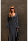 Vestido Longo de Tricot Mousse Canelado Manga Longa Grafite