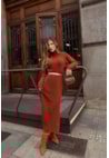 Vestido Longo de Tricot Mousse Gola Boba e Fenda Feminino Terracota