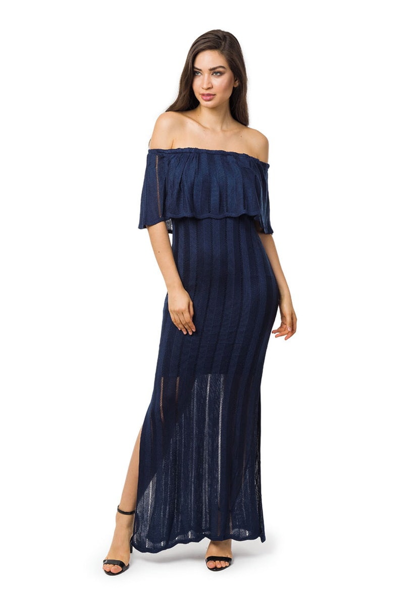 Vestido Longo de Tricot Ombro a Ombro Com Fenda Feminino Azul Marinho