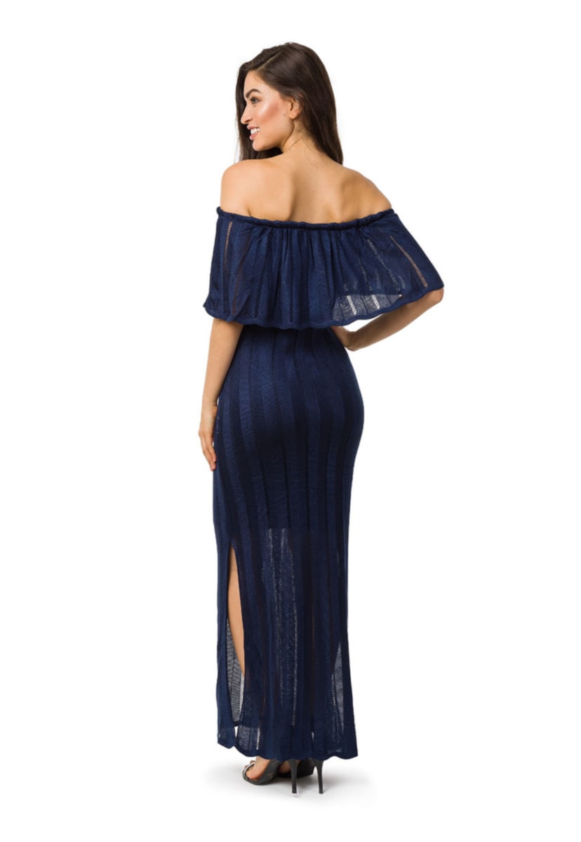 Vestido Longo de Tricot Ombro a Ombro Com Fenda Feminino Azul Marinho