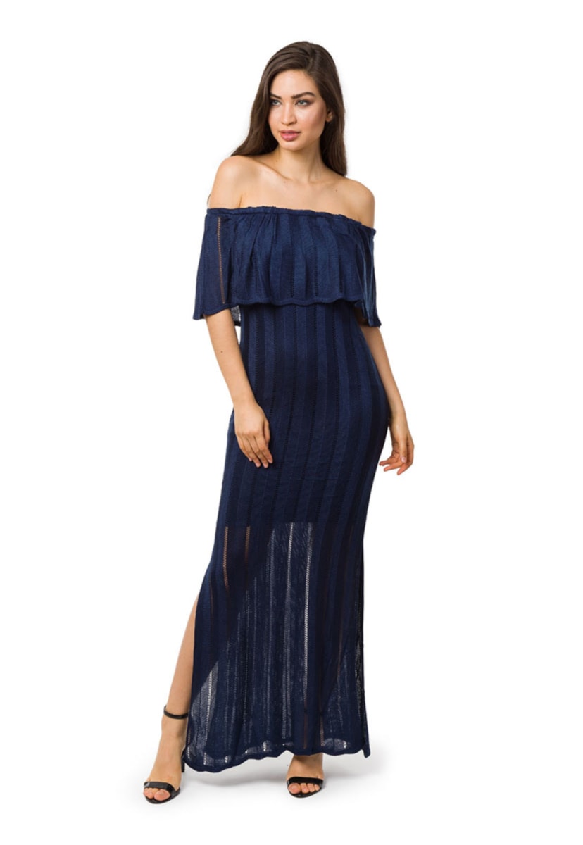 Vestido Longo de Tricot Ombro a Ombro Com Fenda Feminino Azul Marinho