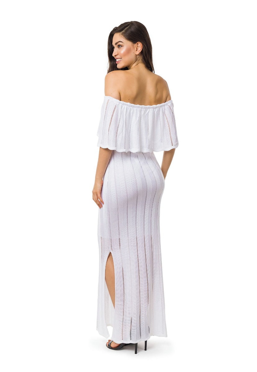 Vestido Longo de Tricot Ombro a Ombro Com Fenda Feminino Branco