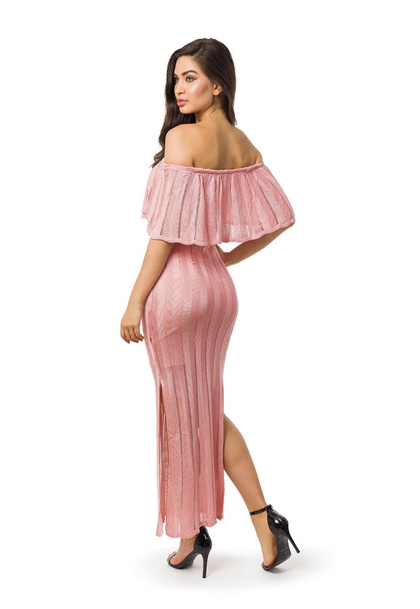 Vestido Longo de Tricot Ombro a Ombro Com Fenda Feminino Rosa Claro