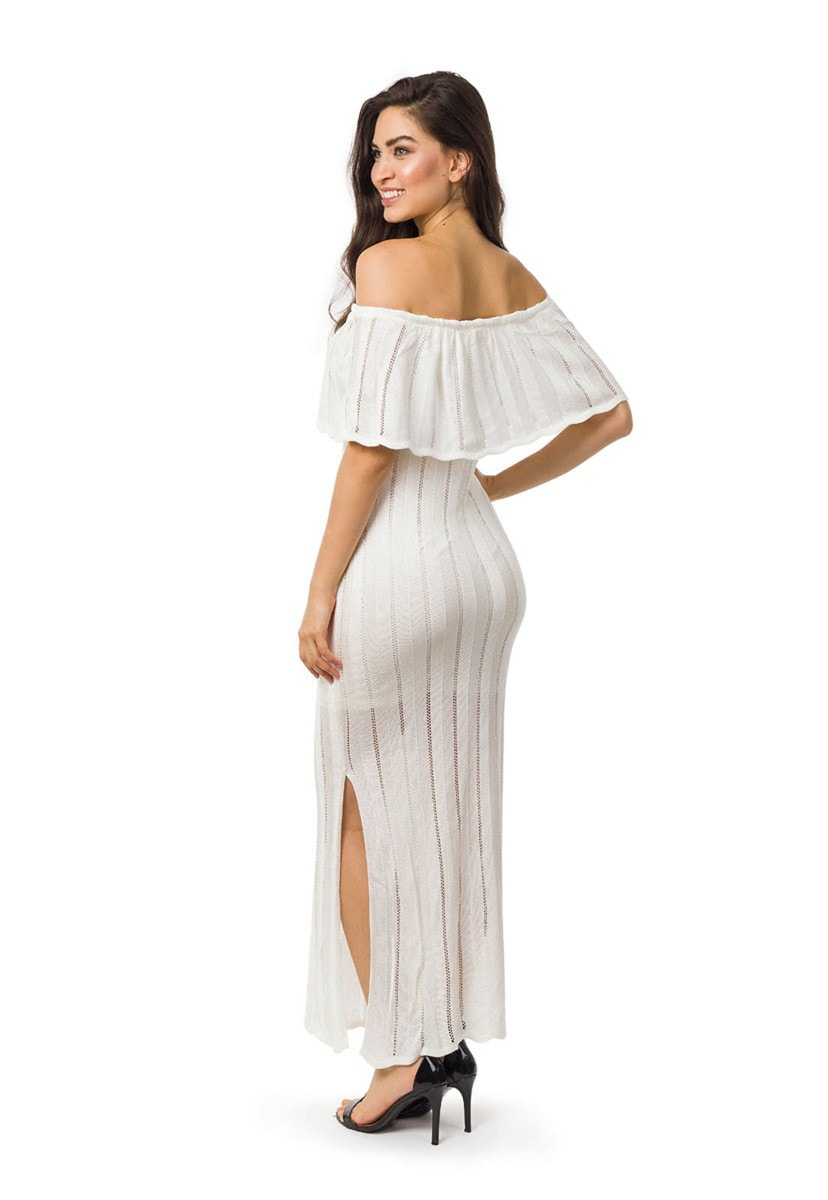 Vestido Longo de Tricot Ombro a Ombro e Fenda Feminino Off White