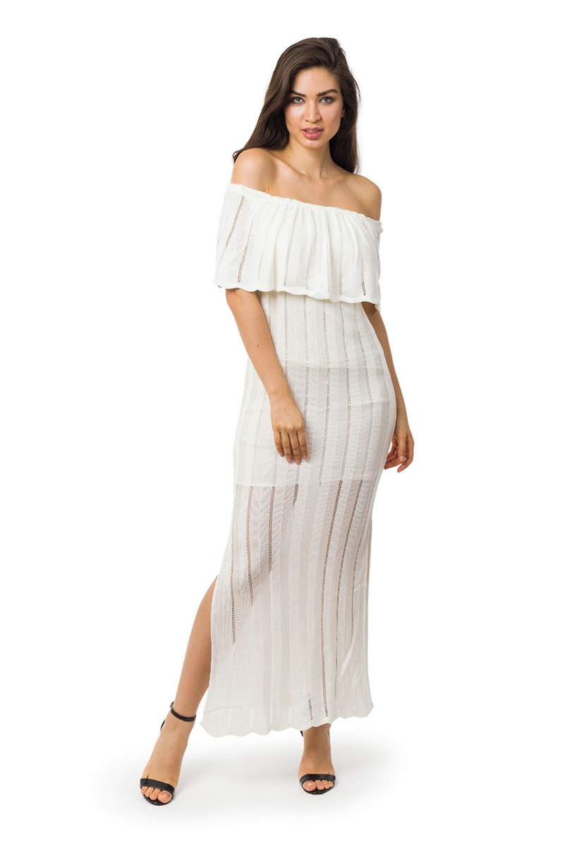 Vestido Longo de Tricot Ombro a Ombro e Fenda Feminino Off White