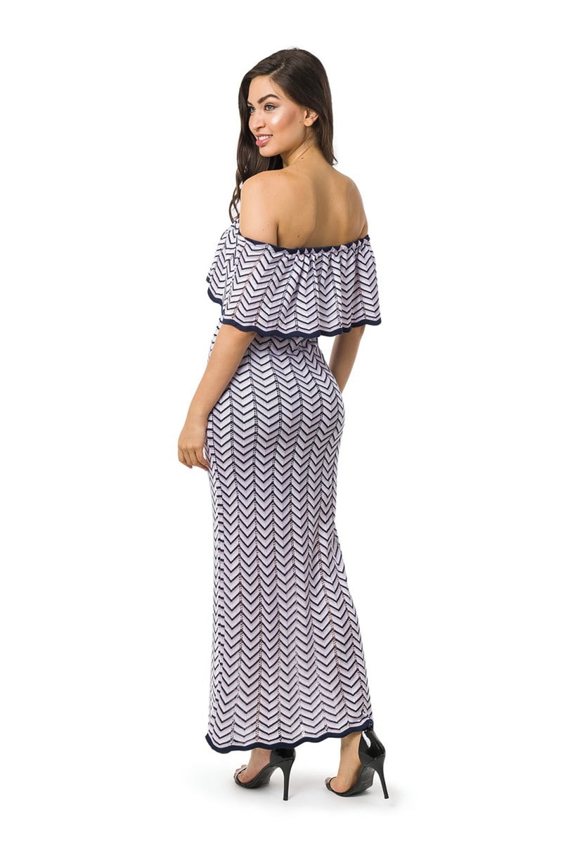Vestido Longo de Tricot Ombro a Ombro Listras e Lurex Feminino Azul Marinho/Lilás