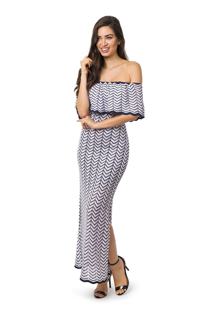 Vestido Longo de Tricot Ombro a Ombro Listras e Lurex Feminino Azul Marinho/Lilás