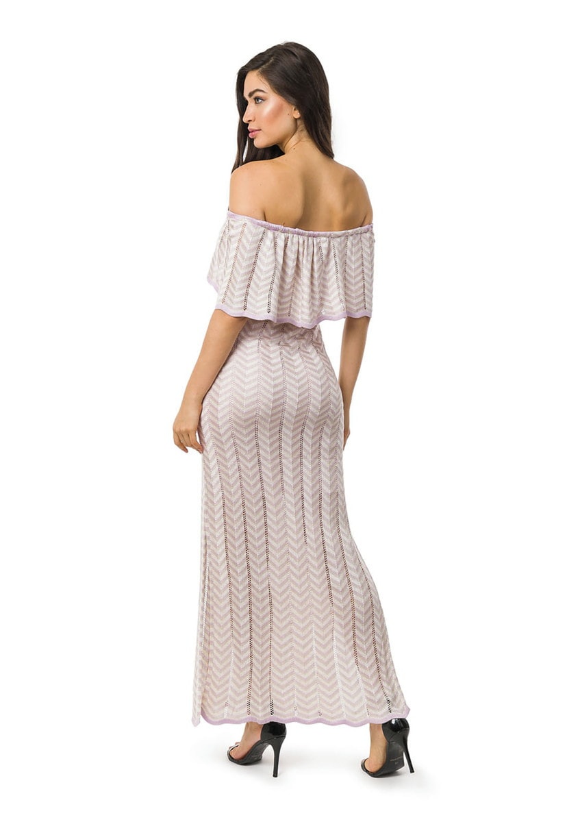 Vestido Longo de Tricot Ombro a Ombro Listras e Lurex Feminino Lilás/Bege