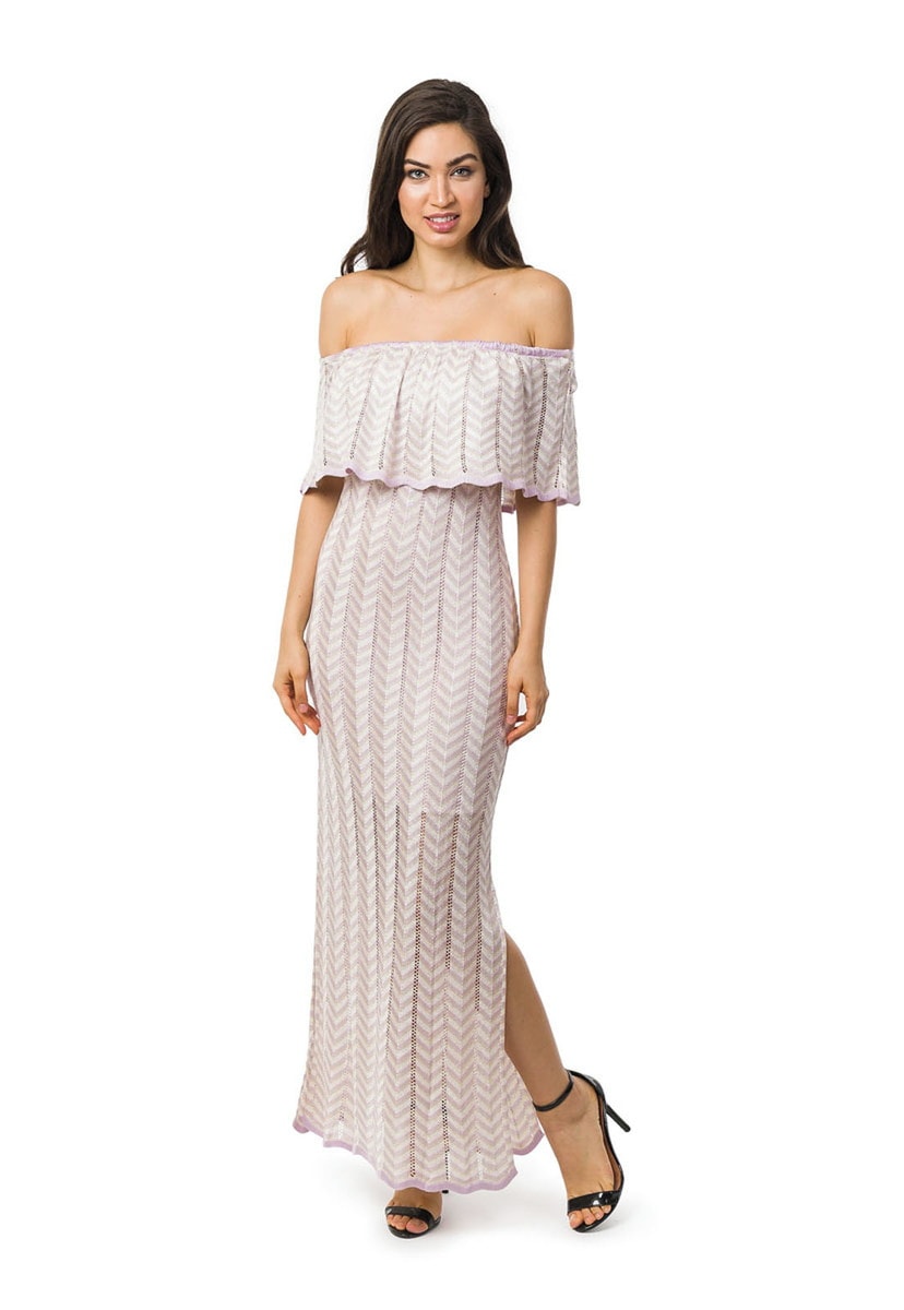 Vestido Longo de Tricot Ombro a Ombro Listras e Lurex Feminino Lilás/Bege