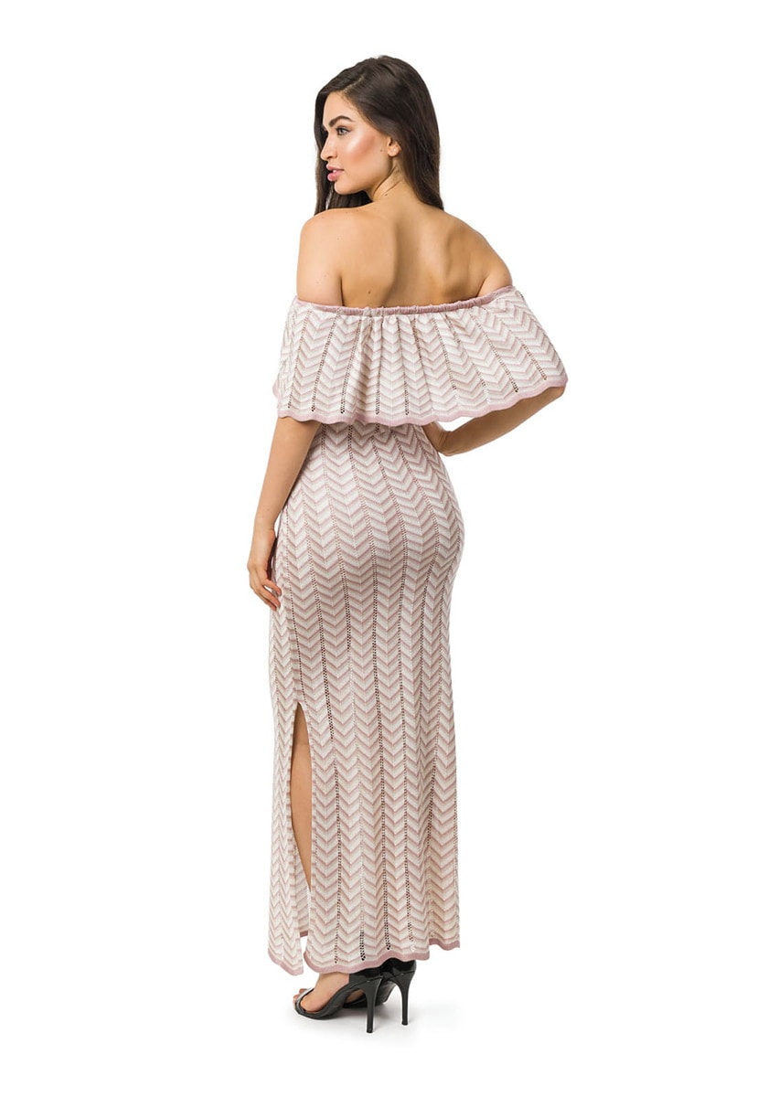 Vestido Longo de Tricot Ombro a Ombro Listras e Lurex Feminino Nude/Bege