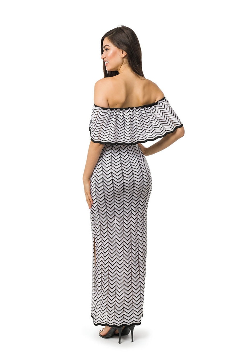 Vestido Longo de Tricot Ombro a Ombro Listras e Lurex Feminino Preto/Bege