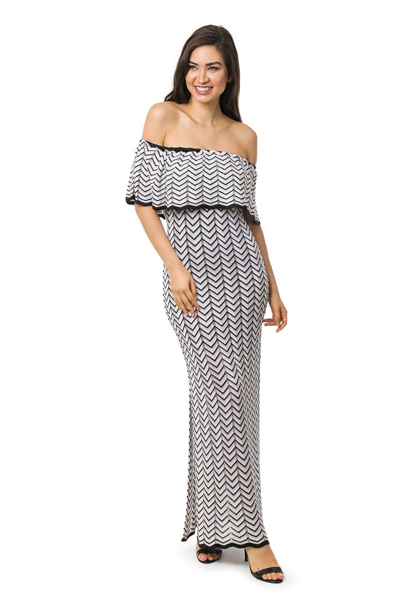 Vestido Longo de Tricot Ombro a Ombro Listras e Lurex Feminino Preto/Bege