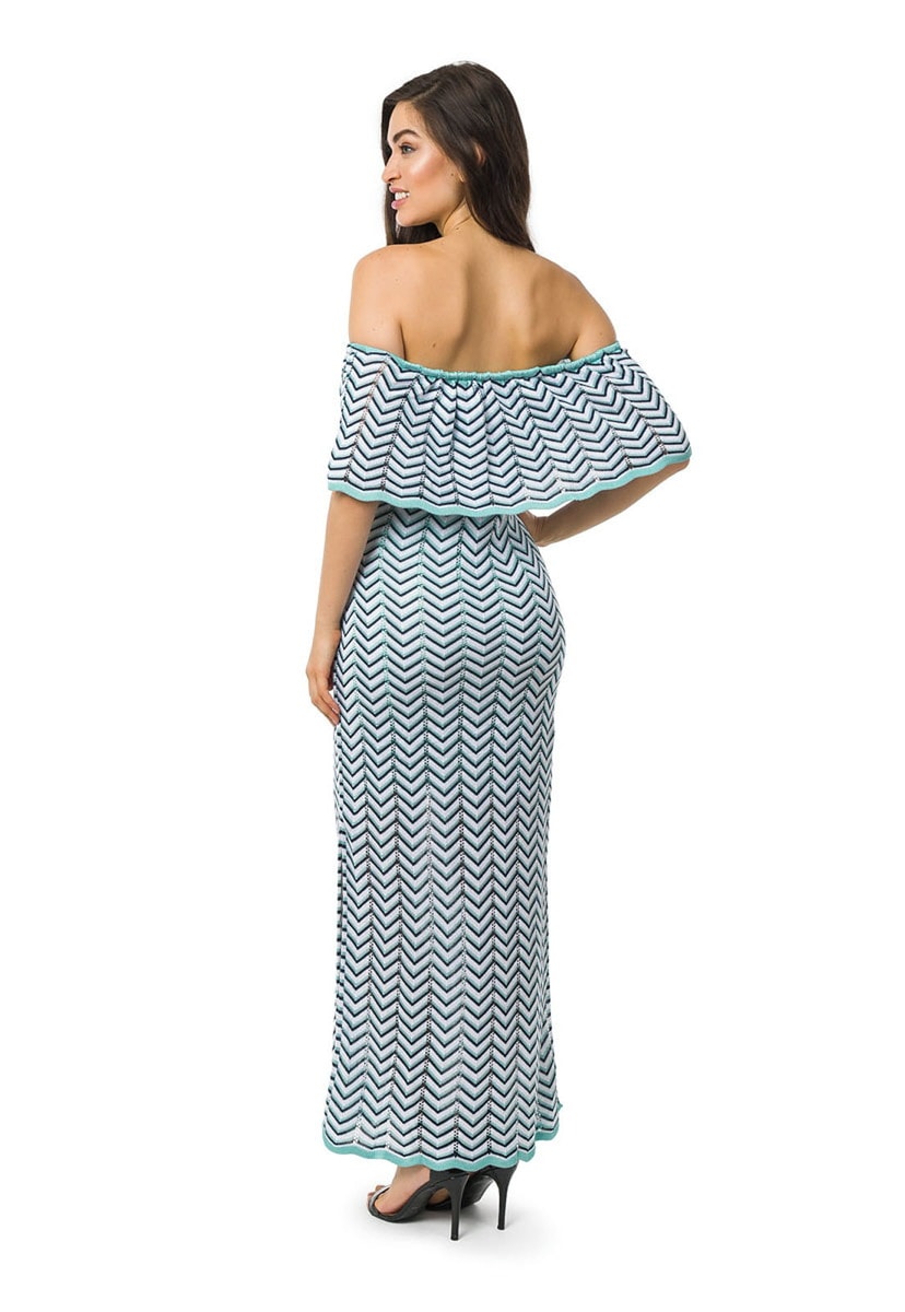 Vestido Longo de Tricot Ombro a Ombro Listras e Lurex Feminino Verde Claro/Azul Marinho