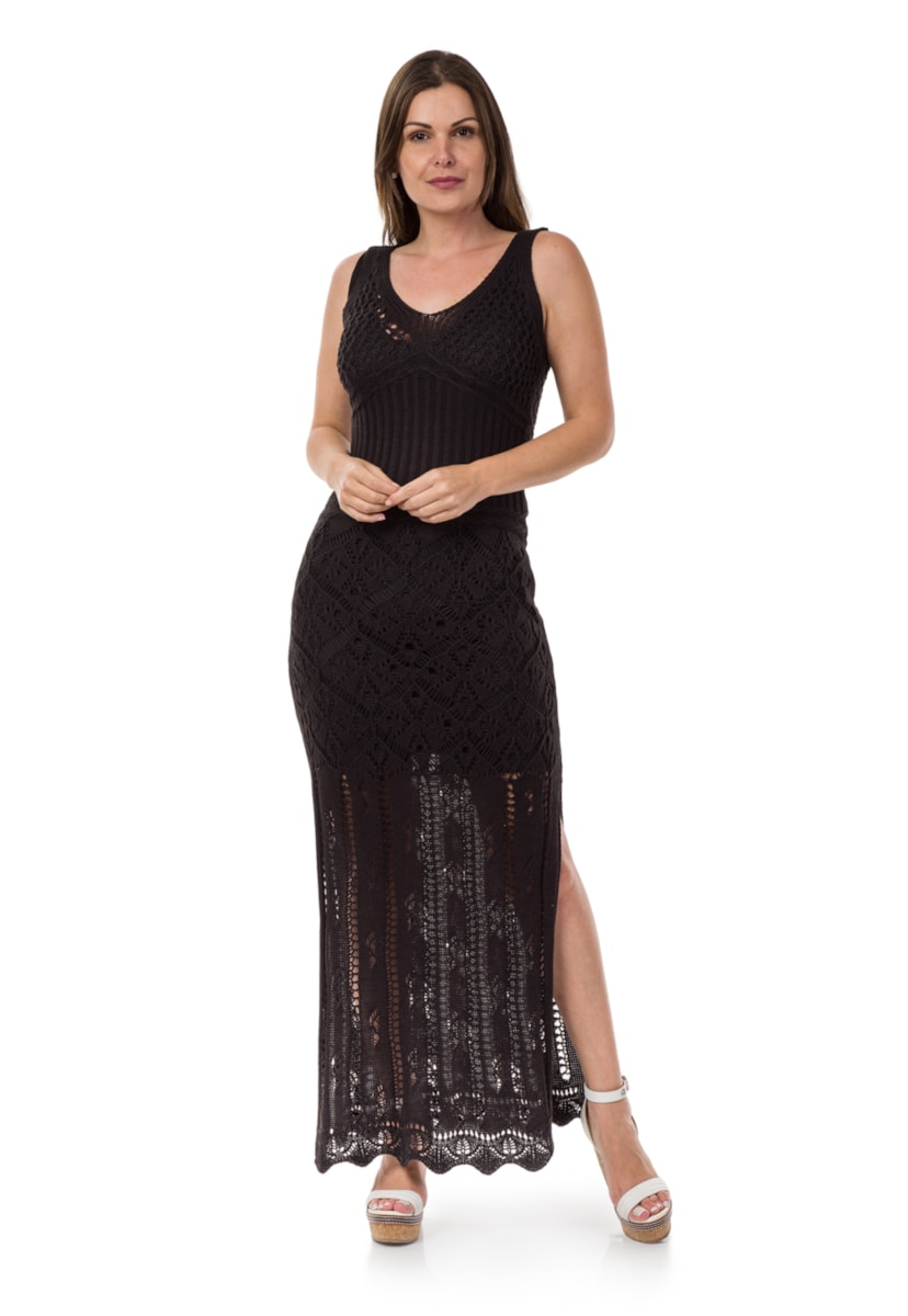 Vestido Longo de Tricot Para Festa De Formatura Decote nas Costas Correntes Feminino Preto