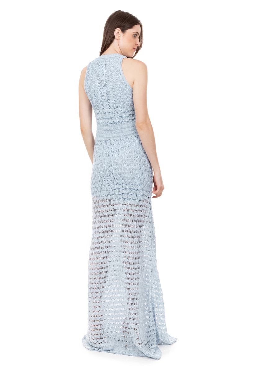 Vestido Longo de Tricot Para Festa De Formatura Renda Rodado Feminino Azul Claro