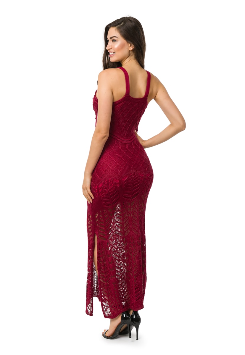 Vestido Longo de Tricot Para Festa De Formatura Rendado com Pérolas tricô com Fenda Feminino Bordô