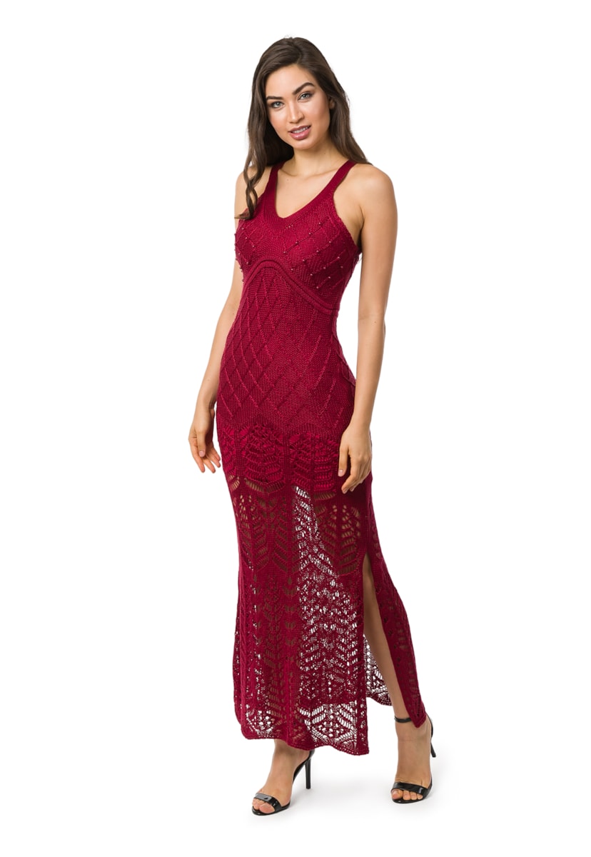 Vestido Longo de Tricot Para Festa De Formatura Rendado com Pérolas tricô com Fenda Feminino Bordô