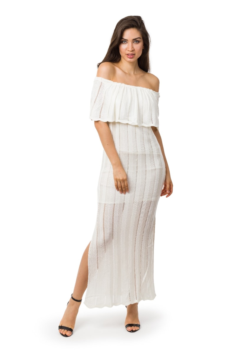 Vestido Longo de Tricot Para Gestante Ombro a Ombro Com Fenda Feminino Off White